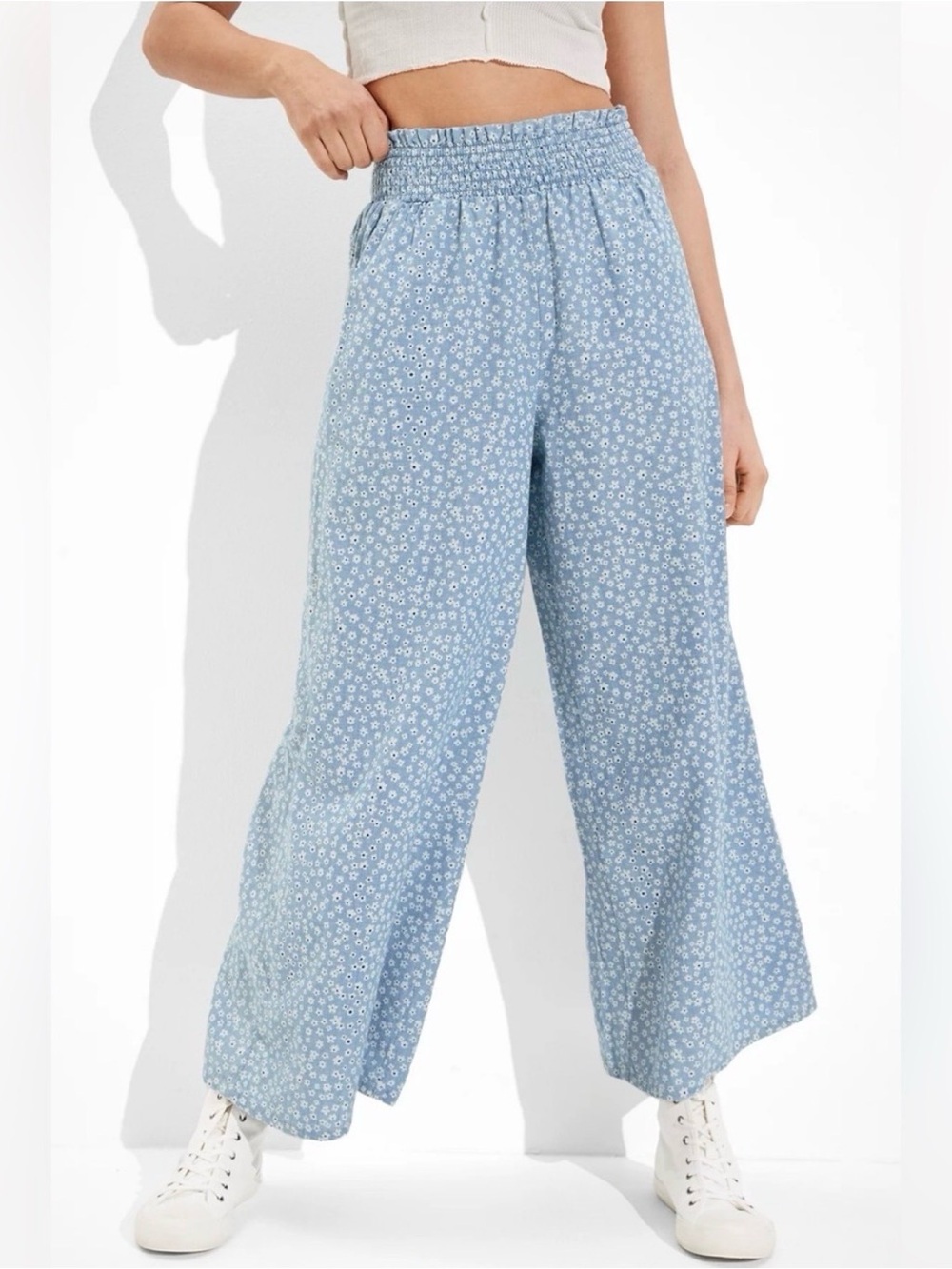 AMERICAN EAGLE Floral Cotton High Rise Wide Leg Pull On Pants